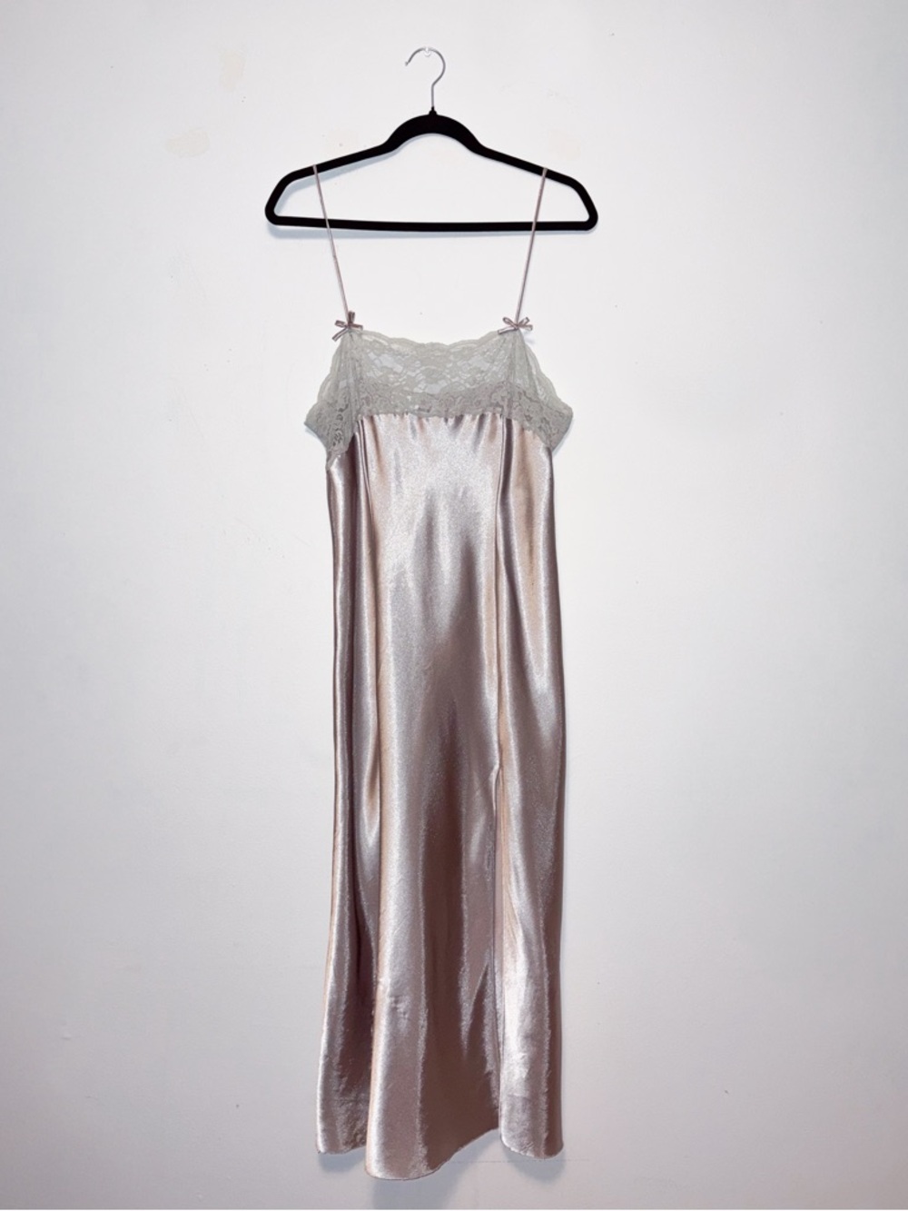 Vintage Grey Satin Lace Trim Slip Dress